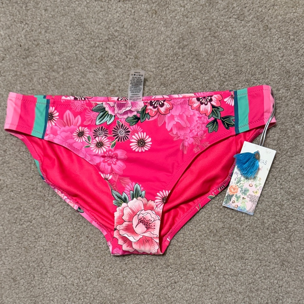 Johnny Was Floral Pink Bikini Bottoms with Teal Accents